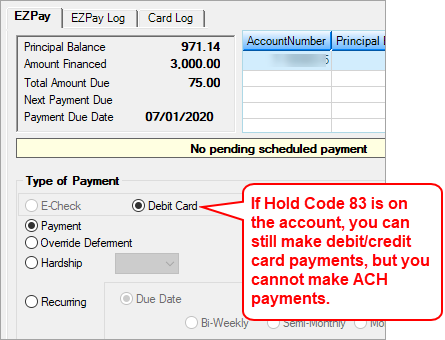 Loans > Transactions > EZPay Screen