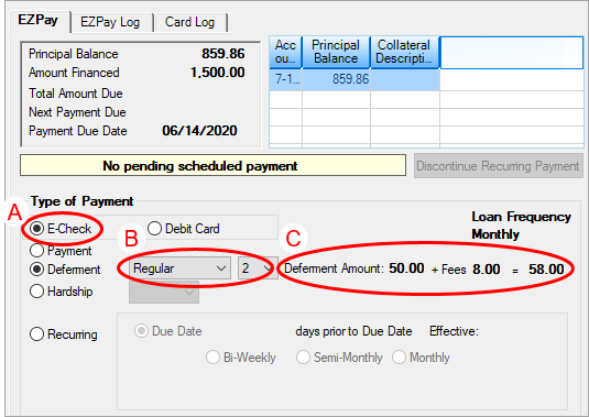 Figure 1: Loans > Transactions > EZPay Screen