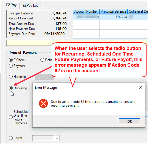 Loans > Transactions > EZPay Screen