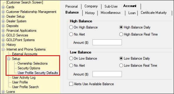 New Account Tab on Internet and Phone Systems > Setup > User Profile Security Defaults Screen