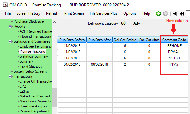 Loans > Statistics and Summaries > Promise Tracking Screen