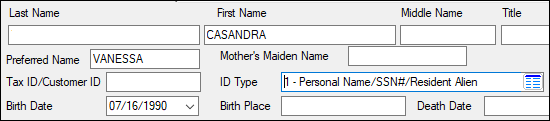 Figure 1: Last/First/Middle Name fields for personal names (ID Type code less than 100) 