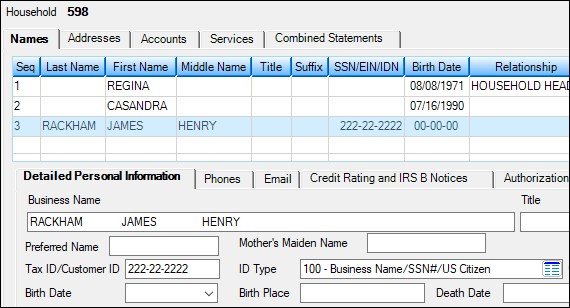 Figure 3: Business Name field used for an individual's full name (ID Type code 100 or greater). Note the spacing in the field and distribution of first/last/middle names in the Names list.