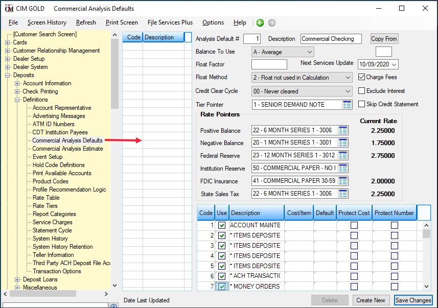 Deposits > Definitions > Commercial Analysis Defaults Screen