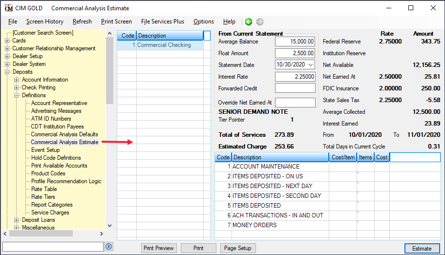 Deposits > Definitions > Commercial Analysis Estimate Screen