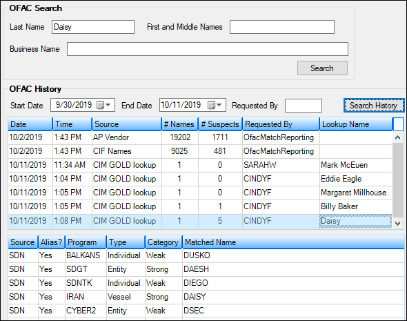 Consolidated Version of Miscellaneous > OFAC Search Screen With New OFAC History Field Group