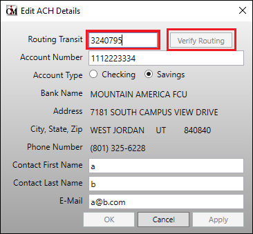 <Verify Routing> Button Disabled on Edit ACH Details Dialog