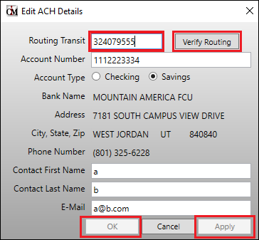 Routing Transit Number Not Verified, Buttons Disabled