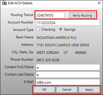 Routing Transit Number Verified