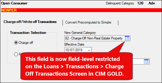 Figure 1: Loans > Transactions > Charge Off Transactions Screen