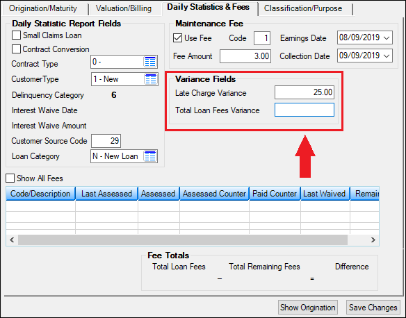 Loans > Account Information > Additional Loan Fields Screen > Daily Statistics & Fees Tab