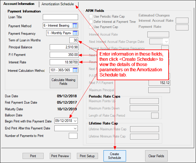 Loans > Account Information > Amortization Schedule Screen > Account Information Tab