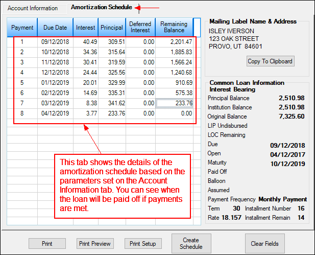 Loans > Account Information > Amortization Schedule Screen > Amortization Schedule Tab