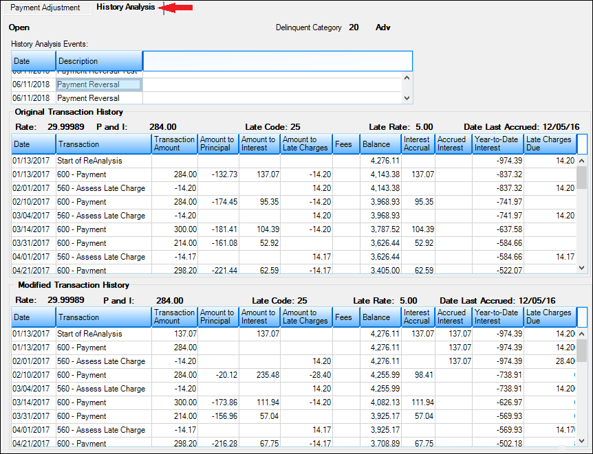 Figure 2: Loans > Transactions > Payment Adjustment Screen > History Analysis Tab