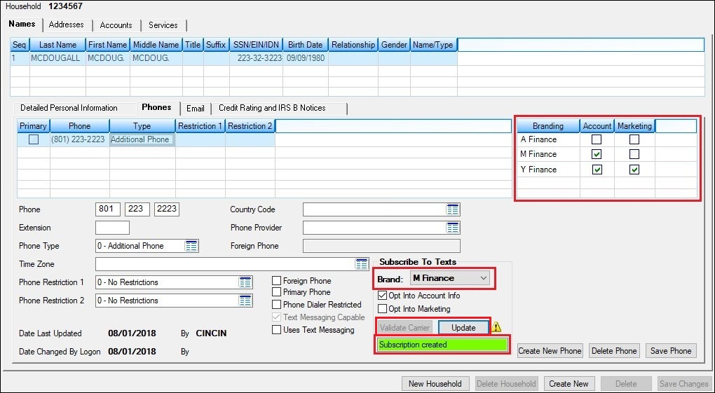 New Enhancements made to the Phones Tab on Customer Relationship Management > Households Screen