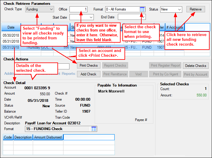 Figure 1: Loans > Check Printing > Checks Screen