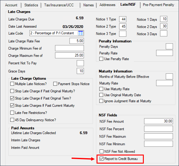 Loans > Account Information > Account Detail Screen > Late/NSF Tab