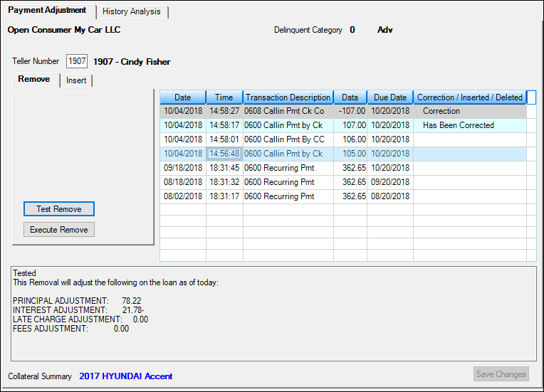 Figure 1: Loans > Transactions > Payment Adjustment Screen