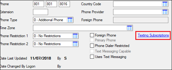 New Texting Subscriptions Link on Phones Tab