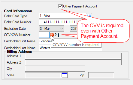 Loans > Transactions > EZPay Screen, Other Payment Account for Cards