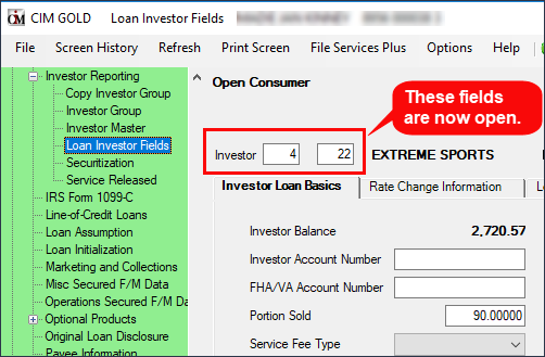 Loans > Investor Reporting > Loan Investor Fields Screen