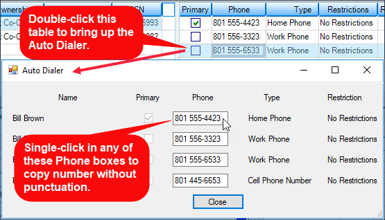 Loans > Marketing and Collections Screen, then double-click Phone list-view table and view Auto Dialer pop-up