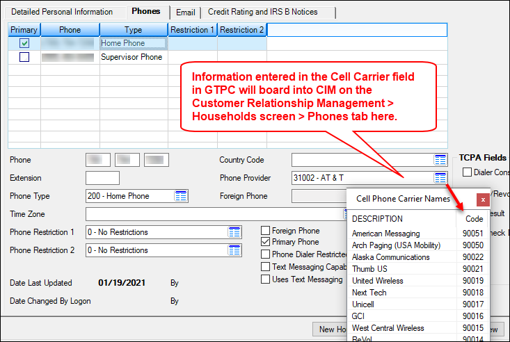 Customer Relationship Management > Households Screen > Phones Tab in CIM GOLD