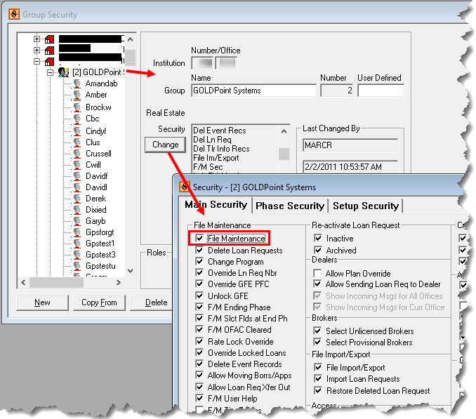 GOLDTrak PC Setup > Institution Setup > Security Groups Screen (after selecting a group, then clicking <Change>)