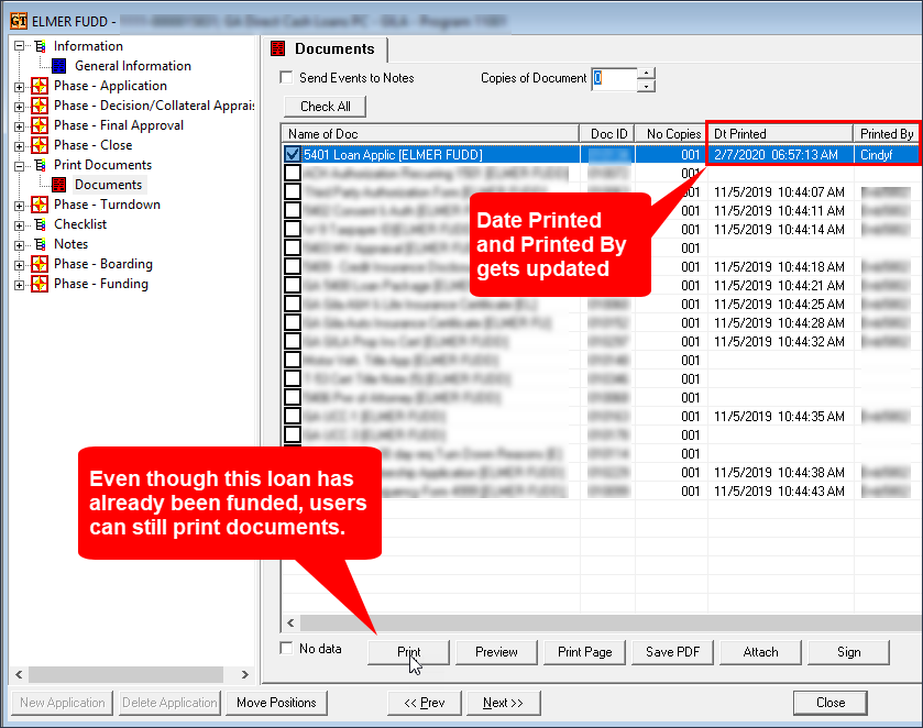 GOLDTrak Application Showing Documents Screen with <Print> Button Enabled