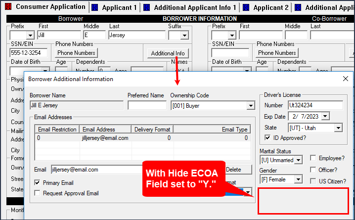Borrower Additional Information dialog box with Hide ECOA Field set to "Y"