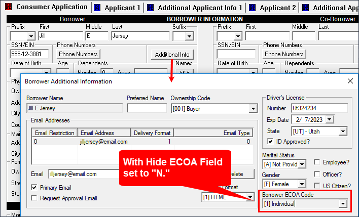 Borrower Additional Information dialog box with Hide ECOA Field set to "N"